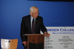 Dr. James B. Tatum, a lifelong resident of McDonald County, speaks to the crowd of over 200 people that showed up for the grand opening of the new McDonald County campus in Jane on Jan. 10.